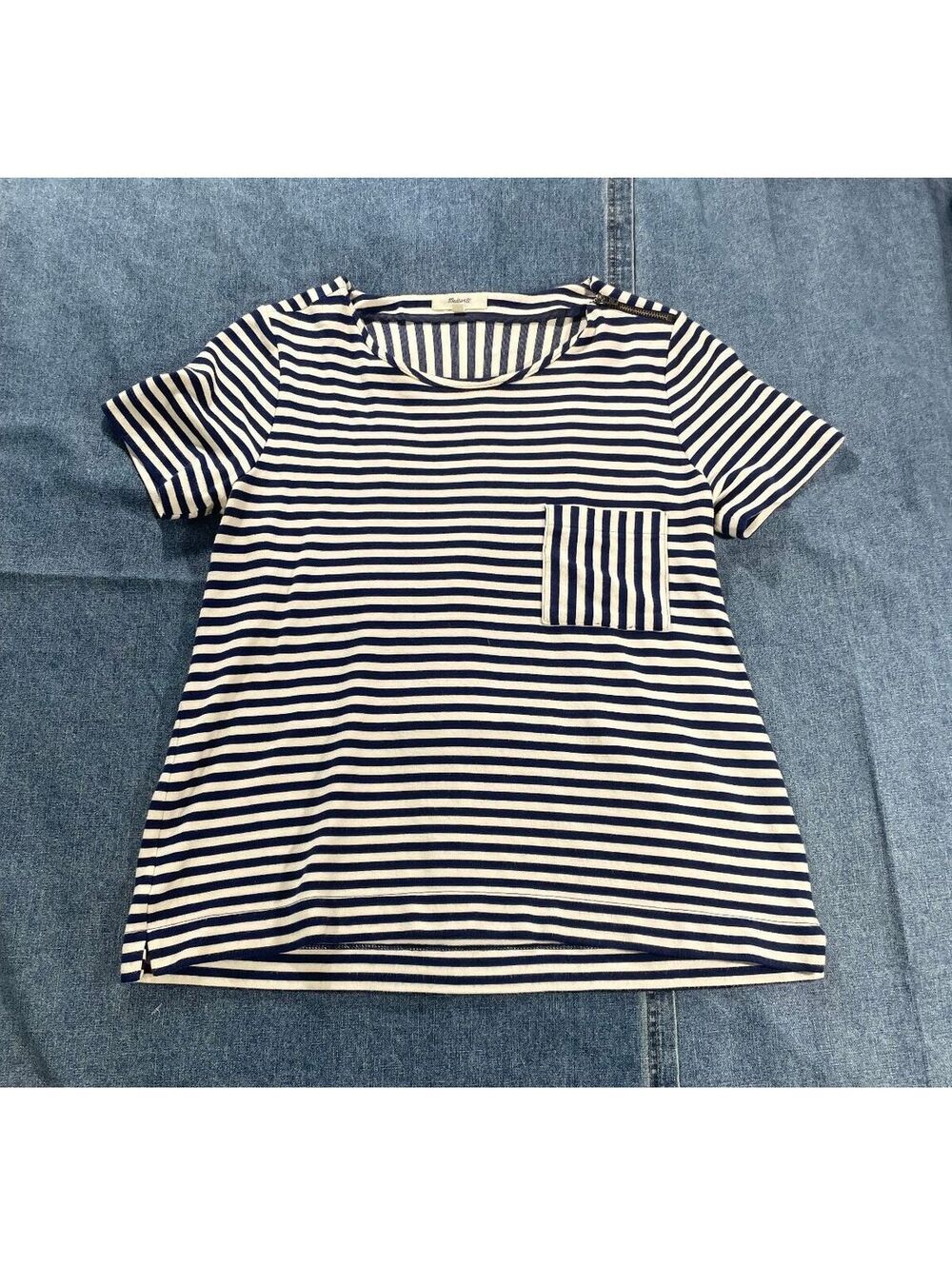 NWOT Madewell women's medium Navy/White stripe scoop neck pullover zip shoulder